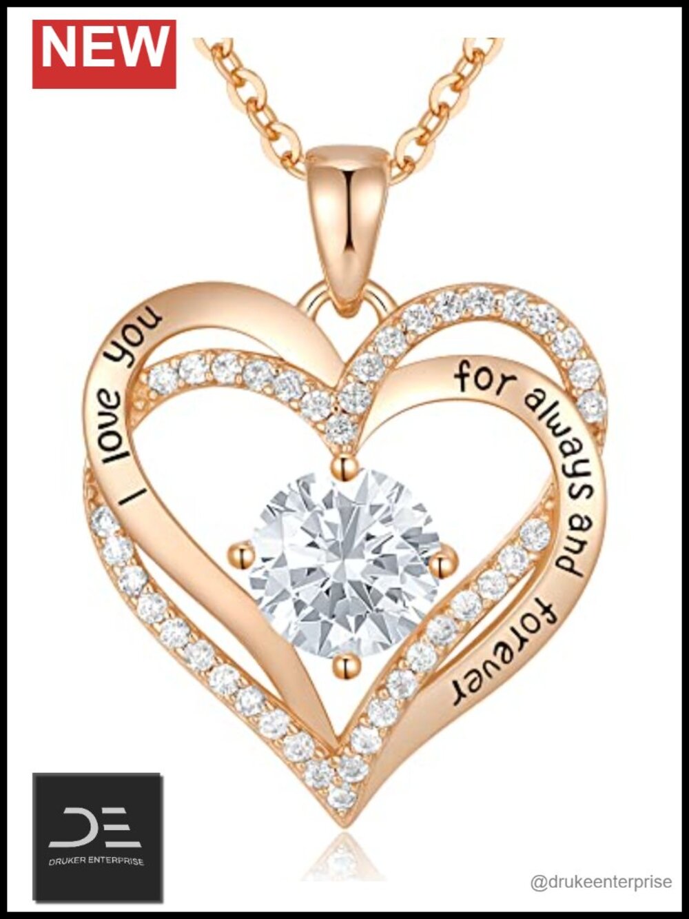 16K Rose Gold Plated Sterling Silver 925 Heart Pendant Necklace for Women
